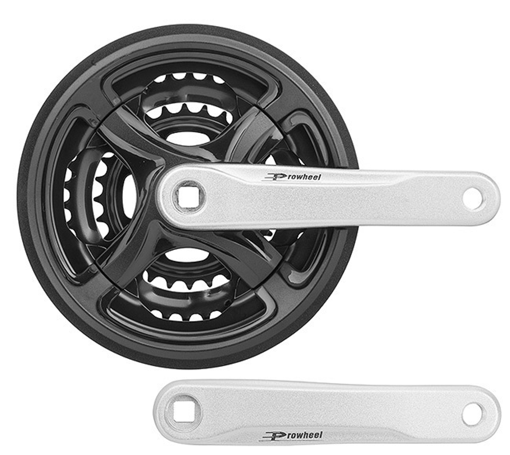 Система шатунов TY-CN99 Prowheel, звёзды на 28/38/48 зубьев стальные черные, шатуны A006N 170 мм алюминиевые кованые серебристые, квадратное посадочное место "под квадрат", паук пластиковый ПВХ, защита цепи пластиковая ПВХ, линия цепи 48,5 мм (для оси 126 мм)