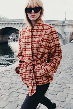 ZARA КУРТКА С ПОЯСОМ ИЗ СМЕСОВОЙ ШЕРСТИ — ZW COLLECTION, КРАСНЫЙ/БЕЛЫЙ