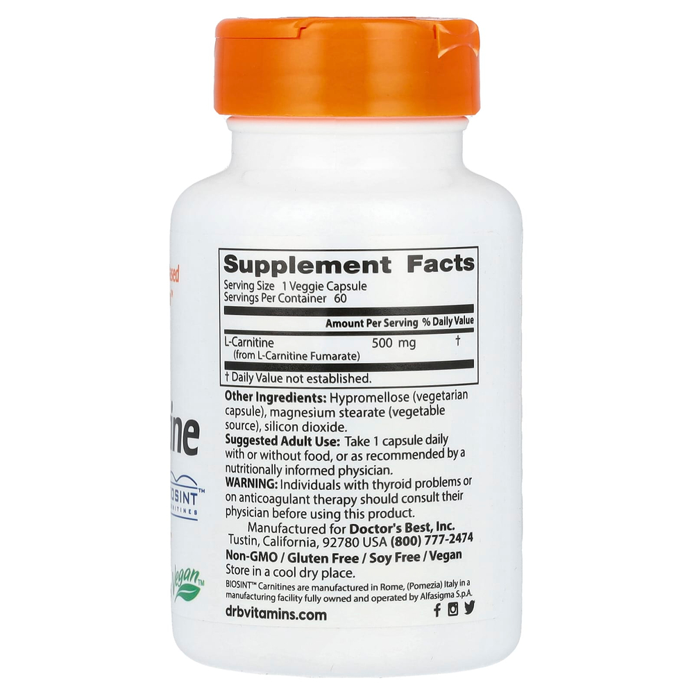 Doctor's Best, фумарат L-карнитина с Biosint Carnitine, 60 растительных капсул (500 мг в 1 растительной капсуле)