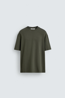 ZARA ФУТБОЛКА RELAXED FIT INTERLOCK, ТЕМНЫЙ ХАКИ