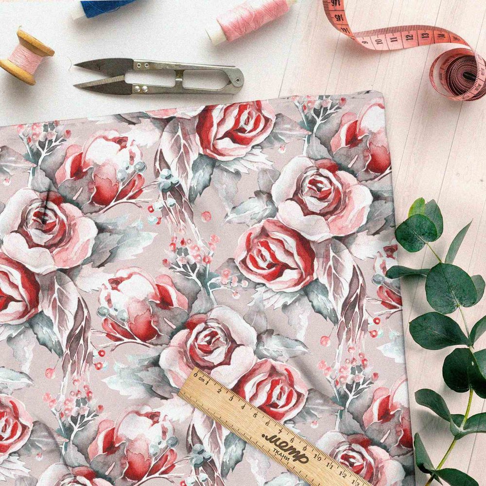 Ткань дюспо акварельные розы на сером