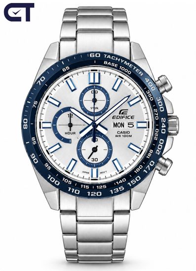 CASIO EFR-574DE-7AVUDF EDIFICE мужские наручные часы — стальной хронограф со светлым циферблатом и синим IP-безелем