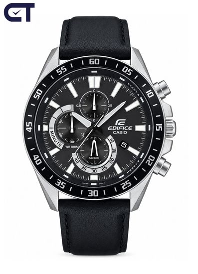 CASIO EFV-620L-1AVUDF EDIFICE мужские наручные часы — хронограф на кожаном ремешке с черным циферблатом