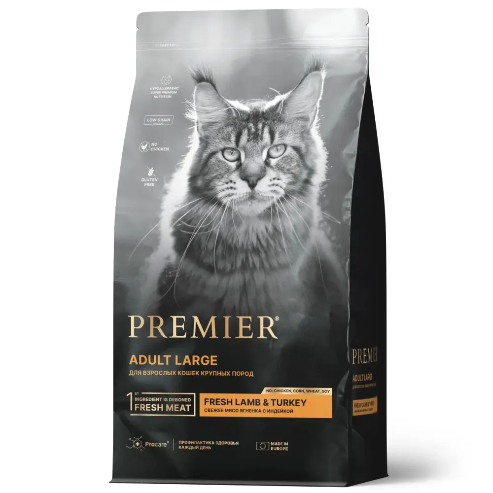 Сухой корм Premier Cat Lamb&Turkey Adult Large для кошек крупных пород из свежего мяса ягненка с индейкой
