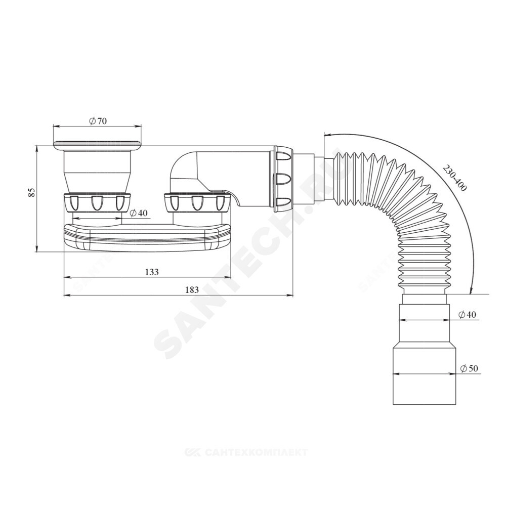 Сифон для поддона плоский 1 1/2"x50/40 с гофрой 40х40/50 выпуск с нержавеющей решёткой Unicorn G22