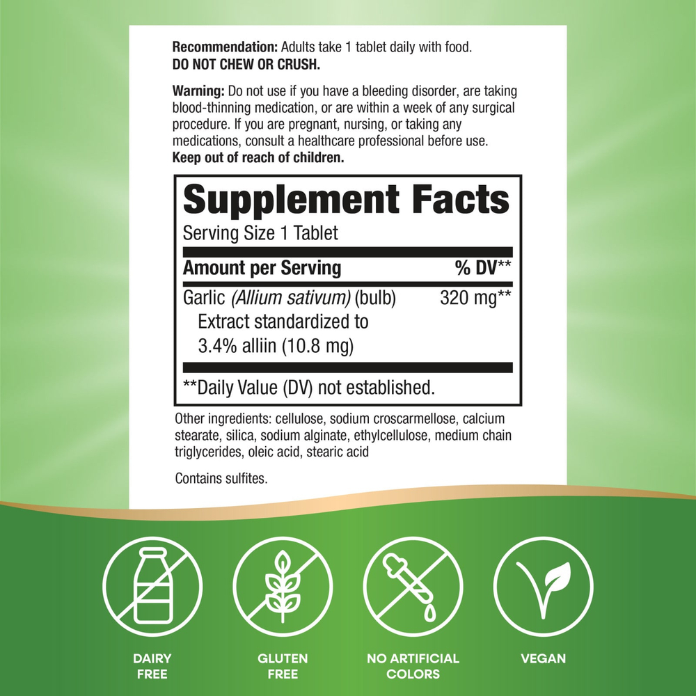 Nature's Way, Garlinase® 5000, экстракт чеснока, 320 мг, 100 веганских таблеток с кишечнорастворимой оболочкой