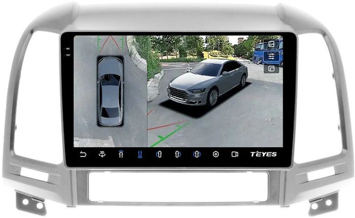 Магнитола для Hyundai Santa Fe 2 CM 2006-2012 (рамка серебро) - Teyes CC3-2K-360 на Android 10, Быстрая, 2K QLED, CarPlay, 4G SIM-слот, 4 камеры в комплекте