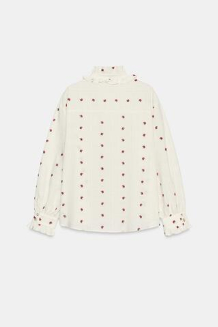 ZARA БЛУЗА С ЦВЕТОЧНЫМ ЖАККАРДОВЫМ УЗОРОМ И ВОЛАНАМИ, ЭКРЮ/КРАСНЫЙ