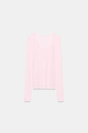 ZARA ХЛОПКОВАЯ ФУТБОЛКА С КРУГЛЫМ ВЫРЕЗОМ, ПАСТЕЛЬНО-РОЗОВЫЙ