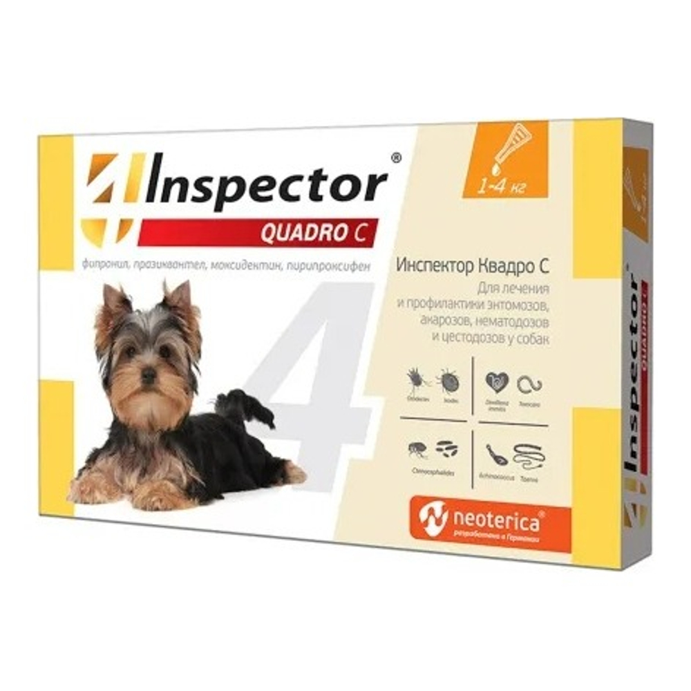 Inspector Quadro C, капли от наружных и внутренних паразитов для собак 1–4 кг, 3 пипетки