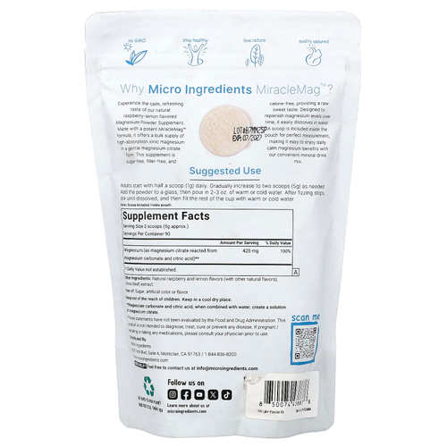 Micro Ingredients, MiracleMag™, со вкусом малины и лимона, 454 г (1 фунт)