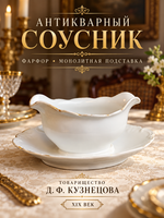 Соусник антикварный фарфоровый монолит с подставкой, Тов. Кузнецова Д.Ф, позолота, 19 век, винтаж