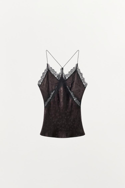 ZARA АТЛАСНЫЙ ЖАККАРДОВЫЙ ТОП С КРУЖЕВОМ, ТЕМНО-КОРИЧНЕВЫЙ