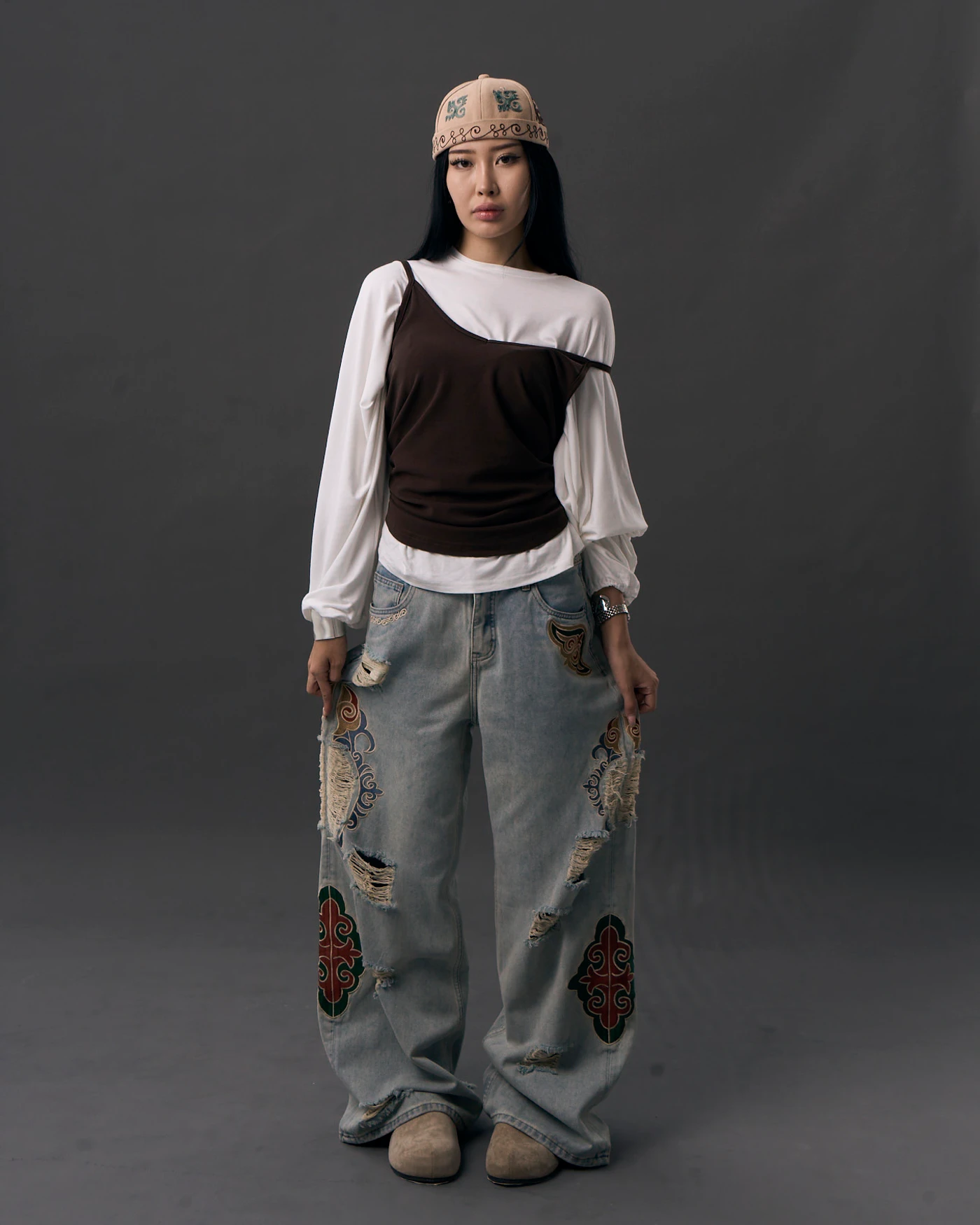 Vintage Grey Blue Jeans with Embroidery and Artistic Distressing