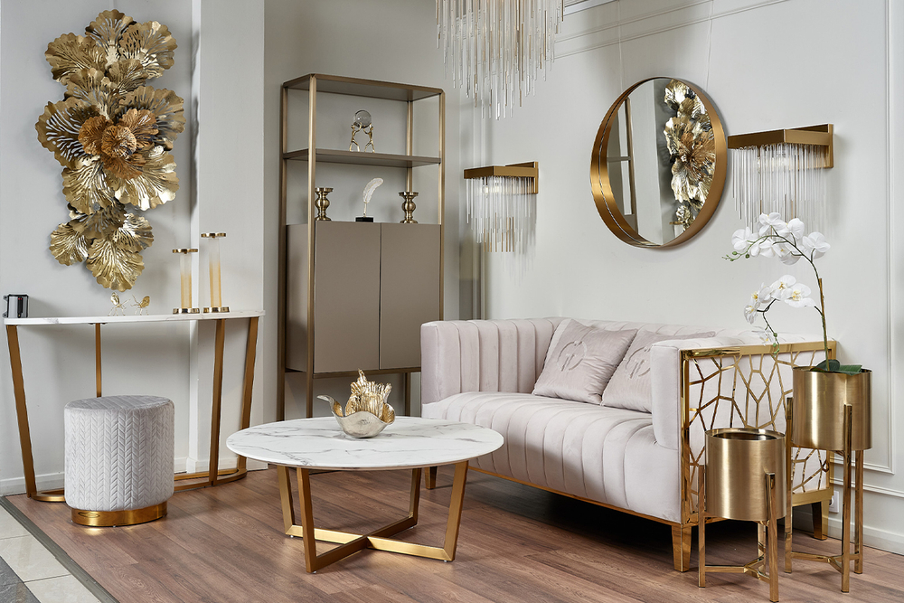 Банкетка Garda Decor велюр светло-серый, золото d42*46 см