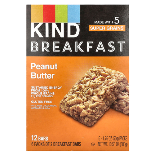 KIND Bars, Батончик для завтрака, арахисовая паста, 6 пакетиков по 50 г (1,76 унции)