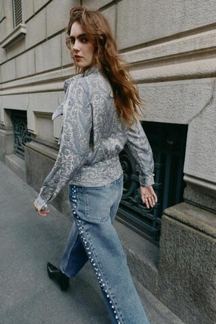 ZARA БЛУЗА С ПРИНТОМ И БАНТОМ, ЭКРЮ/СИНИЙ