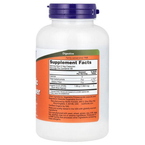 NOW Foods, пребиотическая клетчатка инулин, 180 вегетарианских капсул (650 мг в 1 капсуле)