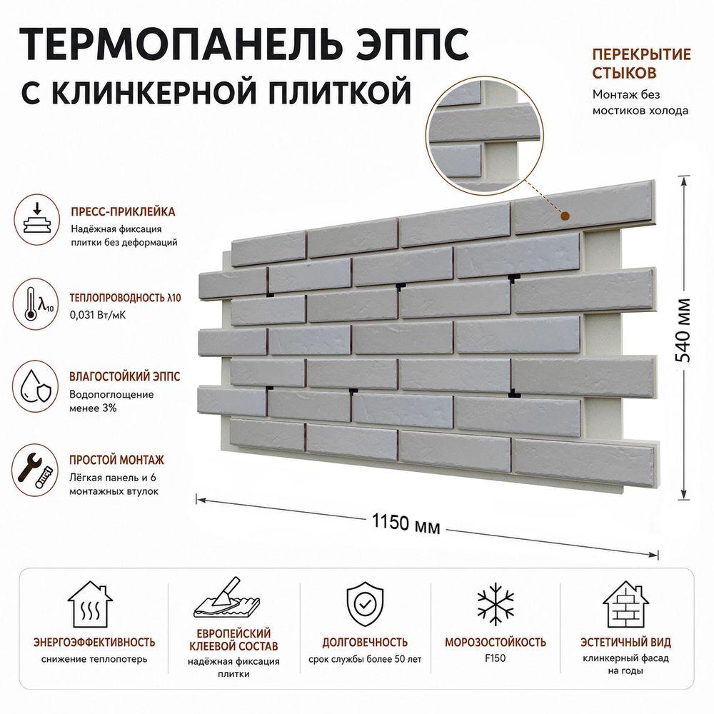 Клинкерная фасадная термопанель ЭППС Cerrad Foggia Bianco 1150x540