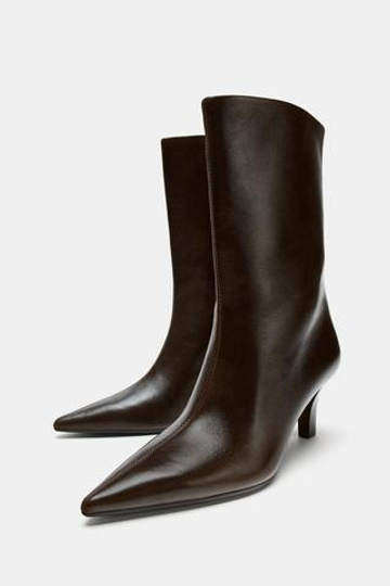 ZARA КОЖАНЫЕ БОТИЛЬОНЫ НА КАБЛУКЕ, КОРИЧНЕВЫЙ