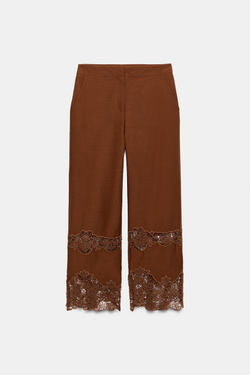 ZARA БРЮКИ С АЖУРНОЙ ВЫШИВКОЙ, КАРАМЕЛЬНЫЙ