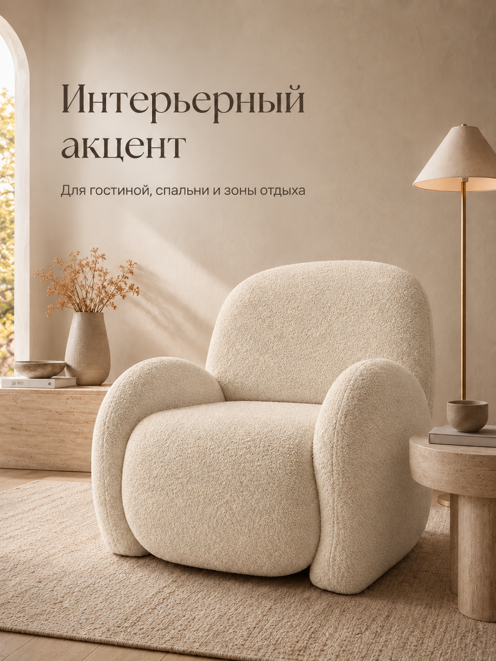 Кресло интерьерное для отдыха Фантазёр Nubo, мягкое широкое, букле L-2, бежевое