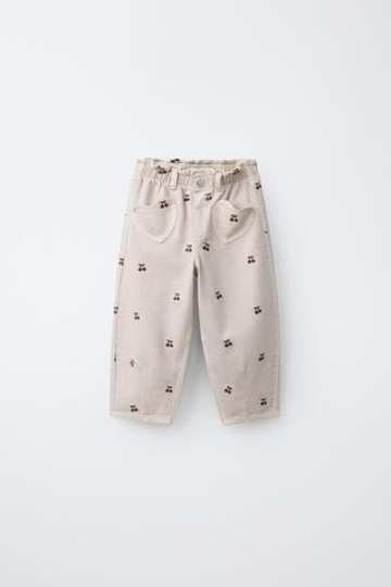 ZARA БРЮКИ BAGGY ИЗ ТВИЛА С ВЫШИВКОЙ, БЕЖЕВЫЙ