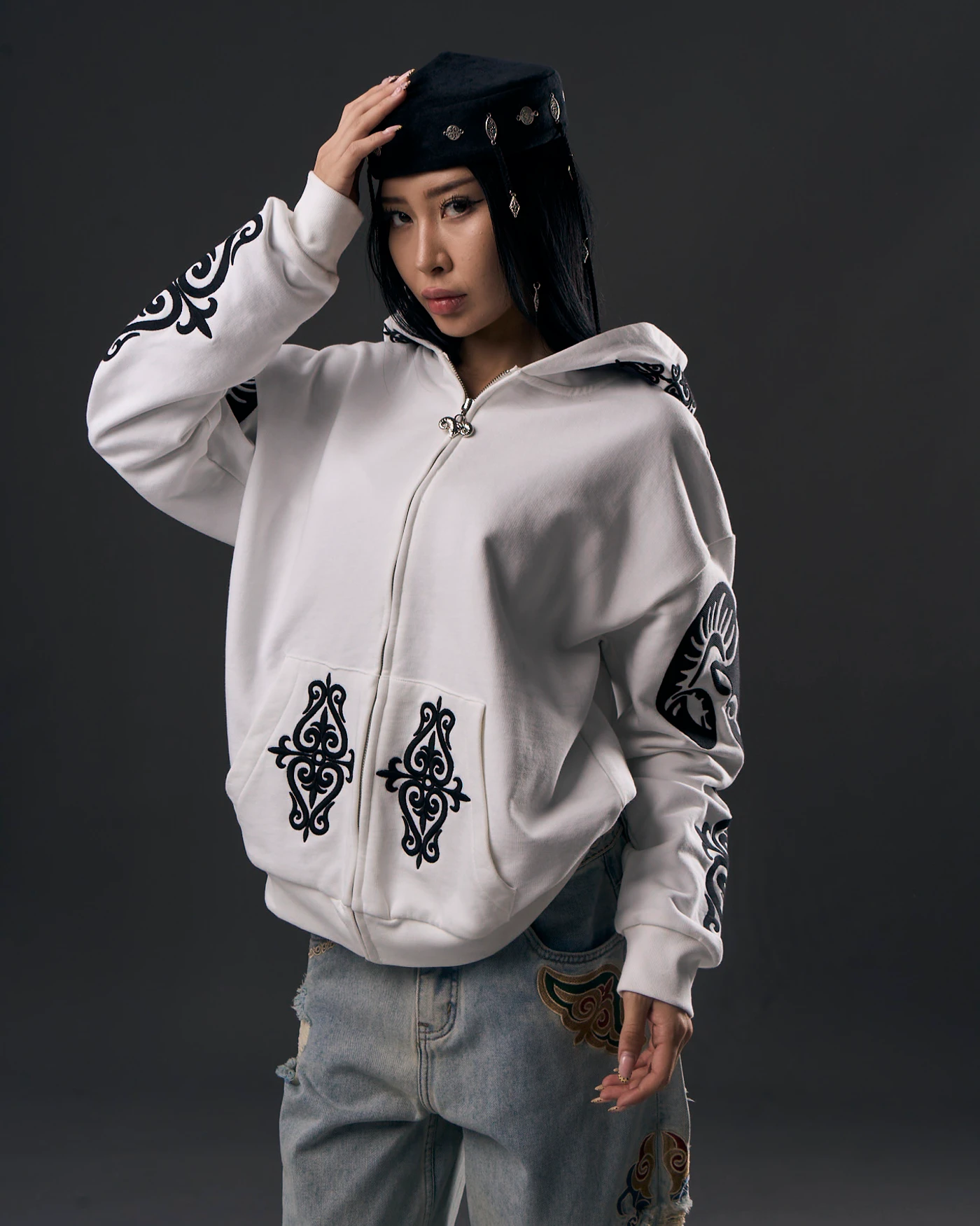 White Zip Hoodie with Signature Ornament Embroidery