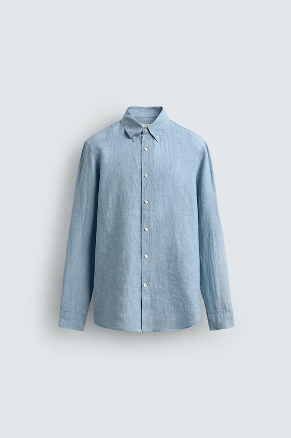 ZARA РУБАШКА ИЗ 100% ЛЬНА, ЛИНЯЛЫЙ ГОЛУБОЙ